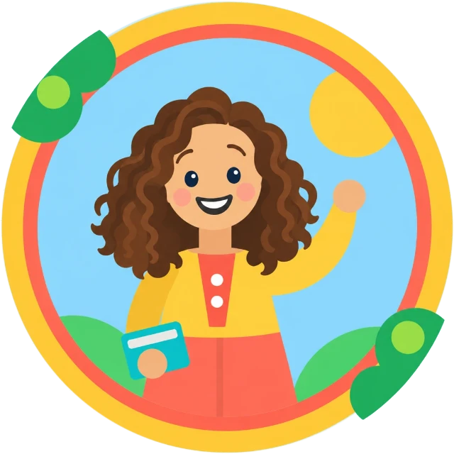 Illustration of Mrs. Kinsey smiling and waving, holding a book